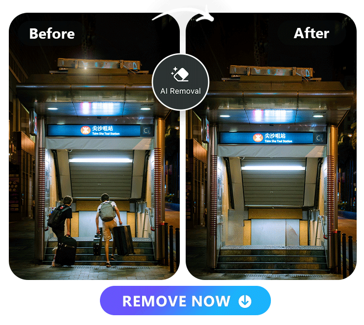 an original photo of Tsim Sha Tsui station and 2 tourists and the tourists removed photo edited by PhotoDirector